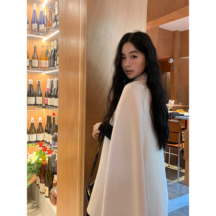 Handmade double-sided Cape coat 2024 new black wool mid-length elegant slimming coat women's clothing