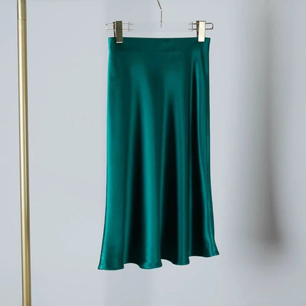 High-Quality Elastic Waist Triacetate Skirt for Women, Peacock Green, Elegant, Retro, Slimming and Drapedy Satin