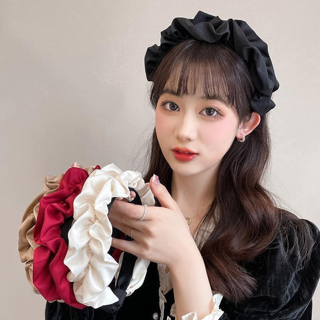 Korean-Style Wide-Brimmed Pleated Headband, Song Ji-A's Same Model, Vintage French Black Satin Hairband, Outdoor Hair Accessory, Pastoral Style