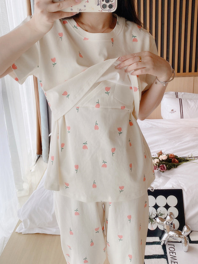 Spring and Autumn Cotton Short Sleeve Suit with Chest Pad Three-Piece Breastfeeding Pajamas Summer Pregnant Women Feeding