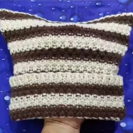 New Cross-border Foreign Trade Striped Deviruchi Knitted Hat Autumn and Winter Ear Protection Warm Face Hair Ball Small Wool Hat