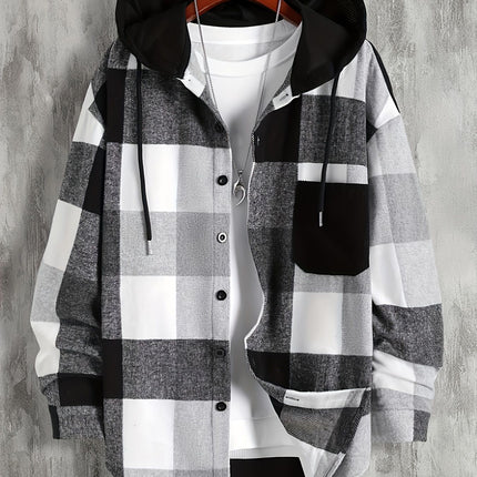 2023 Autumn/Winter Wish Amazon Men's Hooded Shirt Plaid Pocket Long Sleeve Thickened Shirt Cold-Resistant Thickened