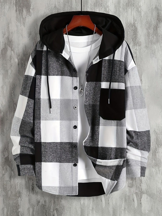2023 Autumn/Winter Wish Amazon Men's Hooded Shirt Plaid Pocket Long Sleeve Thickened Shirt Cold-Resistant Thickened