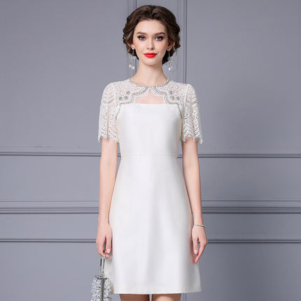 Zhili noble and elegant temperament dress heavy industry nail drill lace stitching short sleeve high waist A- line skirt summer women