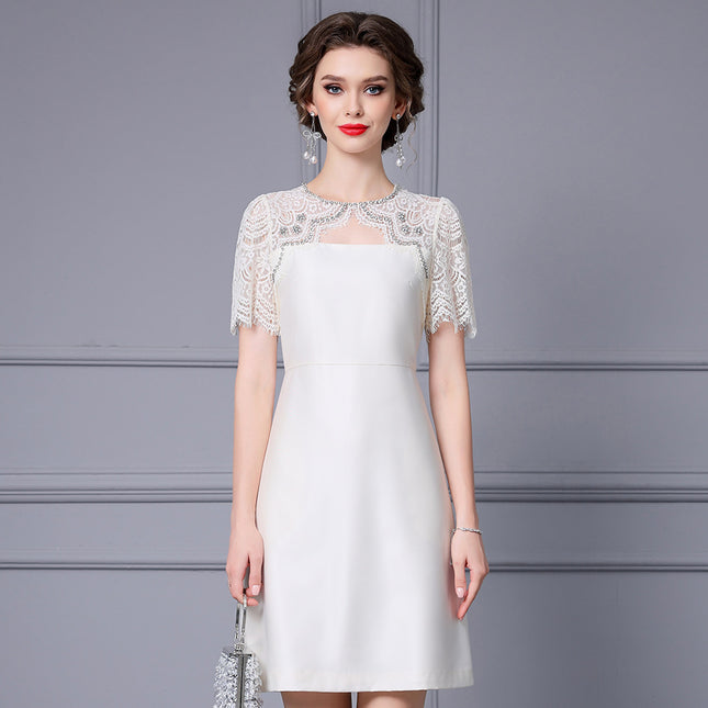 Zhili noble and elegant temperament dress heavy industry nail drill lace stitching short sleeve high waist A- line skirt summer women