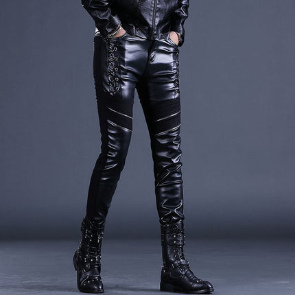 Men's Slim-Fit Leather Motorcycle Pants, Biker Pants, Trendy Brand, Personalized Patchwork Boot Pants for Men