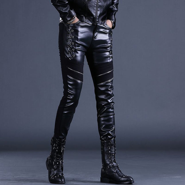 Men's Slim-Fit Leather Motorcycle Pants, Biker Pants, Trendy Brand, Personalized Patchwork Boot Pants for Men