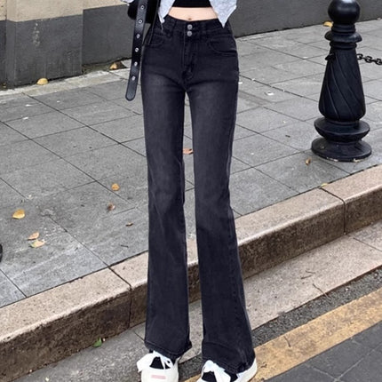 Black Grey Micro La Jeans Women's Autumn Trendy All-match New High Waist Slimming Slim-fit Trumpet Long Pants