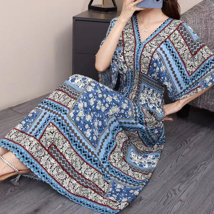 Cross-border ethnic style V-neck cotton silk short-sleeved beach skirt Thailand travel dress summer printed holiday floral skirt