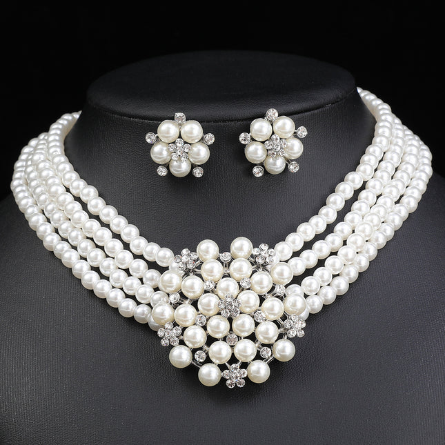 Cross-border Jewelry suit Women's Multi-row Pearl Necklace Earrings Three-piece Bridal Wedding Dress Accessories All-match Factory