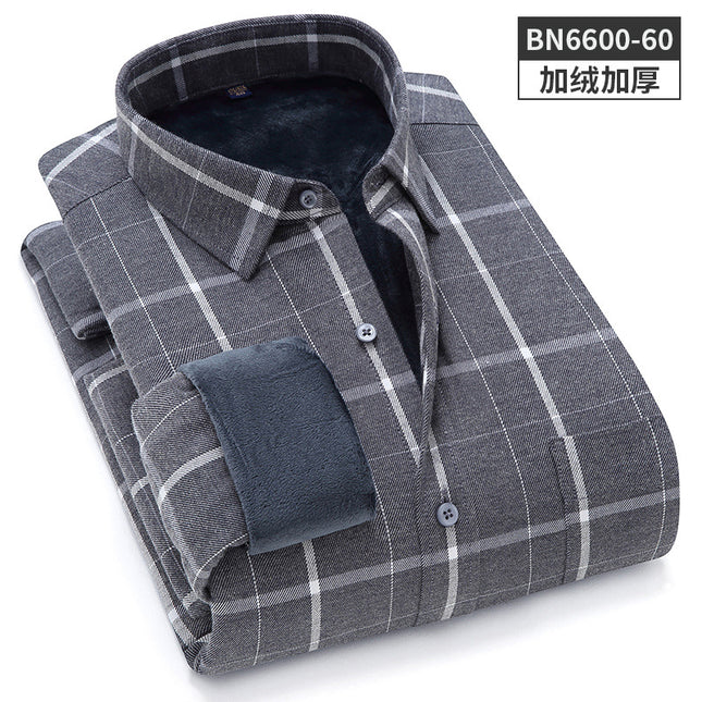 24 Winter Pure Cotton Brushed Plaid Warm Shirt Fleece-Lined Thickeneded Winter Shirt Light Business Square Collar Long-Sleeved Shirt
