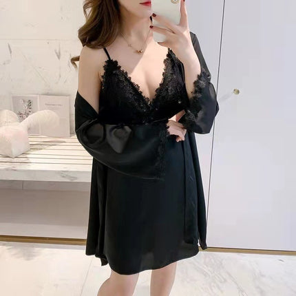 Sexy Pajamas Women's Summer Ice Silk Thin Lace 2023 New Sling Nightgown Nightgown Spring and Autumn Two-piece Set