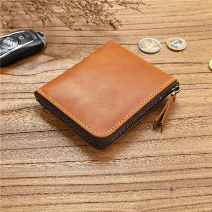 Retro Men's Crazy Horse First Layer Cowhide Short Zipper Wallet Genuine Leather Ultra-Thin Horizontal Wallet Student Casual Wallet