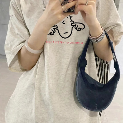 Gray Half-Sleeve Pure Cotton Short-Sleeve T-Shirt for Women, 2026 Summer New Style, Loose Niche Design T-Shirt, Women's Top, Ins Style