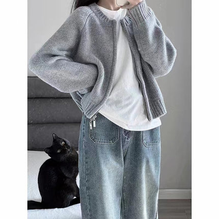 Korean Style Double Zipper avocado green Knitted Cardigan Outer Wear Slimming All-match Short Sweater Women's Elegant Meat-covered Jacket