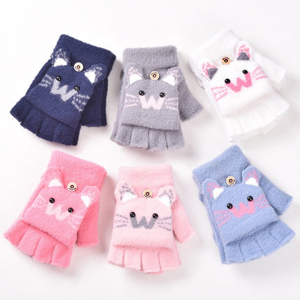 Cute Kitten Cartoon Knitted Children's Half-Finger Flip-Up Gloves, Thickened and Warm, Autumn and Winter Korean Style Student Cold-Proof Gloves