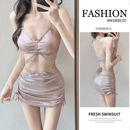 Swimsuit Feminine Bikini Diamond Chain Glitter Powder Push-Up Three-Piece Slimming Split Three-Angle Resort Hot Spring Swimsuit