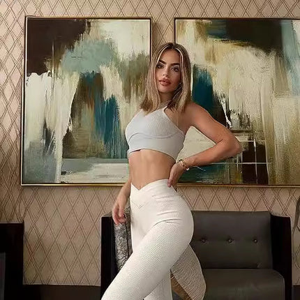European and American Amazon 2023 yoga leggings ribbed high waist cross sports workout leggings casual trousers