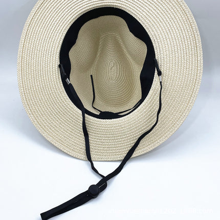 Panama Men's and Women's Straw Top Hat with Three-fold Ribbon Removable Windproof Rope Paper Weaved Straw Sun Hat Sunscreen Big Edge Straw Hat