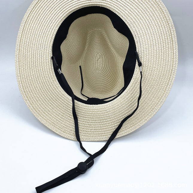 Panama Men's and Women's Straw Top Hat with Three-fold Ribbon Removable Windproof Rope Paper Weaved Straw Sun Hat Sunscreen Big Edge Straw Hat