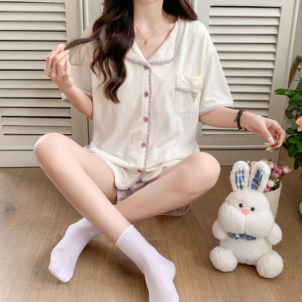 T Summer New Knitted Jacquard Cotton Flower Pattern Cute Casual Outfit Two-piece Home Clothes Women's Short Sleeve
