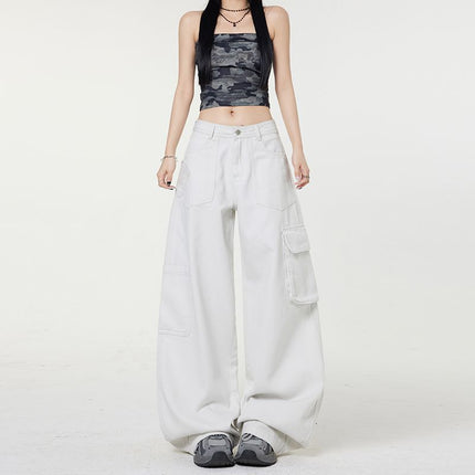 American Retro Gray Cargo Pants for Women 2025 Spring New Design Multi-Pocket Loose Wide-Leg Jeans