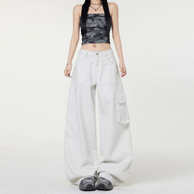 American Retro Gray Cargo Pants for Women 2025 Spring New Design Multi-Pocket Loose Wide-Leg Jeans