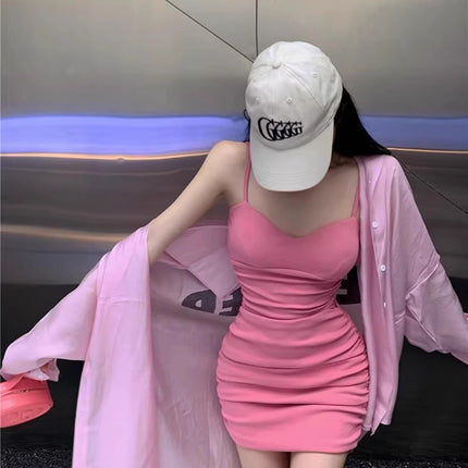 French Style Fresh Green Sling dress Women's Summer Figure-looking Mori Style Slim-fit Sexy High-end Hip Skirt