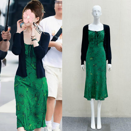 2025 Spring Zhao Lusi Celebrity Style Printed Camisole Dress Early Autumn Elegant Dress Cardigan Set