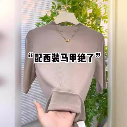 Half Turtleneck Mid-Sleeve T-Shirt for Women Spring & Fall New Suit with Bottoming Shirt Slimming Look Elastic Versatile Three-Quarter Sleeve Top