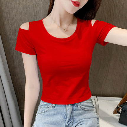 Short-Sleeved T-Shirt Women's Short Crop Top Off-Shoulder 2025 Summer New Tight-Fitting High-Waist Slim Sexy T-Shirt