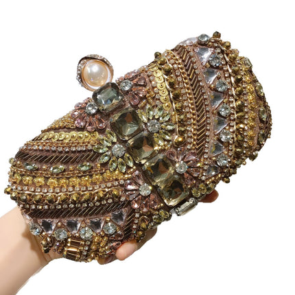 Beaded Bag Classic Handmade Bead Embroidered Evening Bag Retro Coffee Gold Evening Bag Women's Nightclub Clutch Cosmetic Bag
