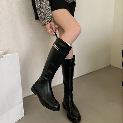Cowhide Long Boots for Women, Knight Boots with Buckle, British Style, Chunky Heel, Thick Sole, Genuine Leather High Boots