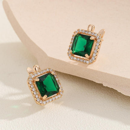 Fashionable Emerald Copper Inlaid Zircon Earrings Small Retro Accessible Luxury Geometric Square Zircon Earrings for Women