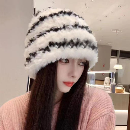 Winter color matching Korean style women's striped face-looking plush warm knitted wool hat big head circumference ear protection pile hat