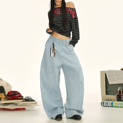 Raccoon House # American Retro Silhouette Washed Scimitar Jeans Unisex High-Waisted Loose Deconstructed Design Floor-Length Pants for Women