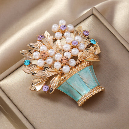 New Glazed Pearl Flower Brooch Fashion Flower Basket Potted Pin Ancient Vintage Personalized Rhinestone Accessories