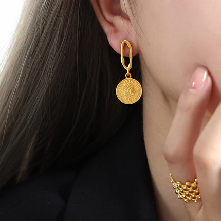 Cross-border European and American Fashion Figure Coin Roman Earrings Court Retro Personality Round Brand Stainless Steel Earrings Jewelry Women