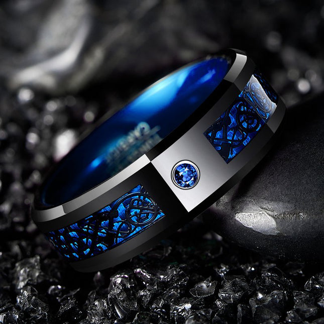 Tungsten Steel Ring Set with Black Dragon Pattern Blue Red and Green Carbon Fiber Men's Tungsten Steel Ring Ready for Dropshipping