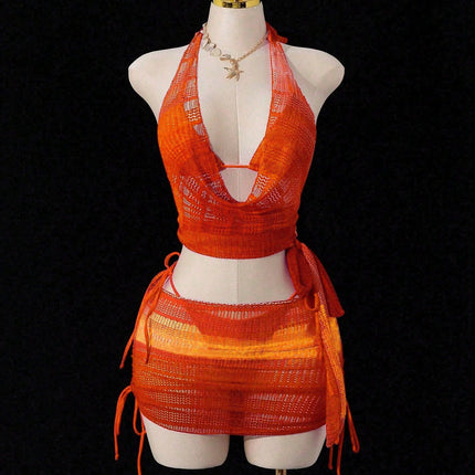 New Sexy Halterneck Swimsuit for Women, Cut Out Lace-Up Bikini Cover-Up, Short Skirt, Four-Piece Vacation Beach Swimsuit
