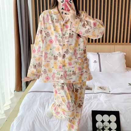 Cotton Sanding Luna Long-sleeved Lapel Postpartum Pregnancy Lactation Dual-purpose Pregnant Women's Pajamas for Spring and Autumn