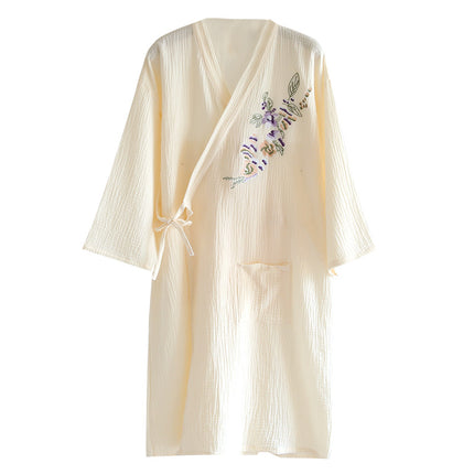 Pure Cotton Double-layer Gauze Embroidered Nightgown Women's Spring and Summer Thin Cotton Crepe Mid-length Kimono Bathrobe Sweatshirt