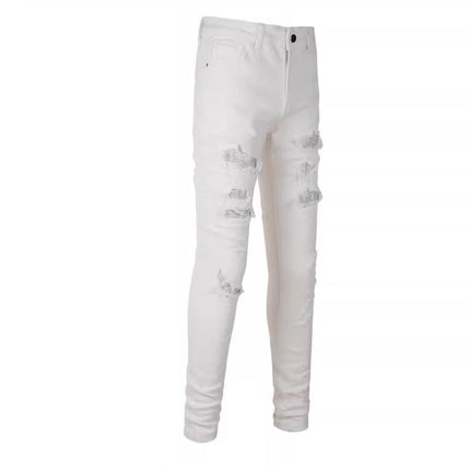 Am Cross-Border Shin European and American High Street Diamond-Encrusted Washed Hole Patchwork Hot Diamond Jeans Beggar Pants for Men