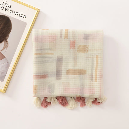 Elegant soft cotton and linen feel silk scarf colorful plaid geometric tassel large scarf travel sunscreen beach towel shawl