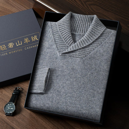 Men's cashmere sweater green collar autumn and winter thickened sweater business casual all-matching men's pure cashmere sweater