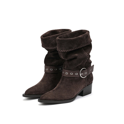 Zhong Chuxi's Same Style Retro Knight Short Boots, Pleated Stacked Boots, Genuine Leather Pointed Toe Short Boots, Women's Western Knight Boots