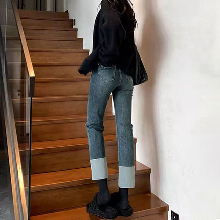 Retro blue pipe pants women's autumn and winter stitching jeans new spring and autumn cropped stretch all-match loose straight pants