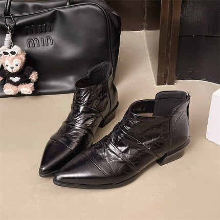 First-Layer Cowhide Pointed Toe Nude Boots for Women 2025 Autum New Flats-Soled Elegant Single Boots Niche Design Versatile Leather Boots