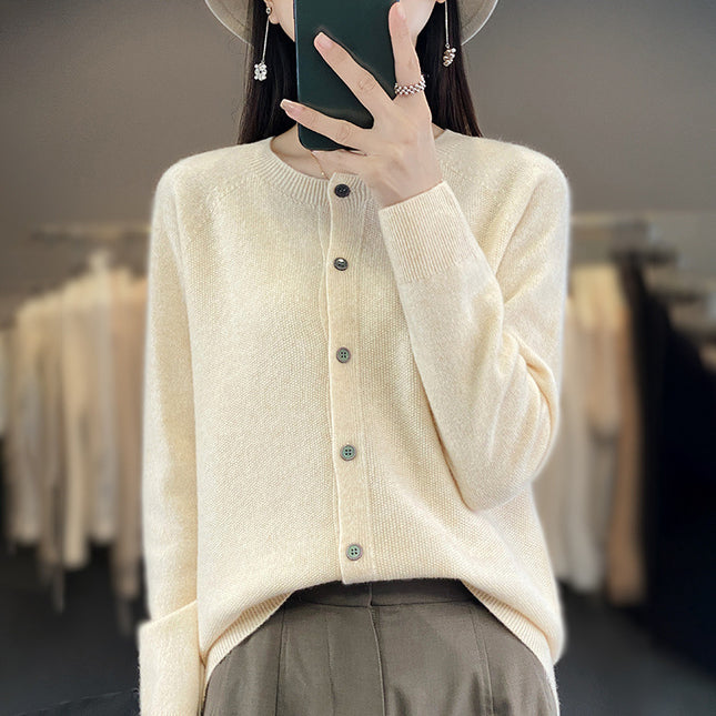2024 Seamless One Round Neck 100 Wool Cardigan Women's Osmanthus Needle Long Sleeve Jacket Top Base Shirt