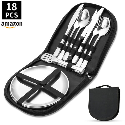 Amazon Outdoor Stainless Steel Tableware Steak Knife and Fork Spoon Barbecue Clip Plate 10-piece Travel Camping Set